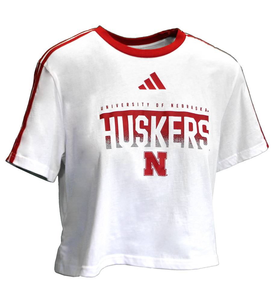 Adidas Womens White Nebraska Huskers 3 Stripe SS Fashion Crop Tee